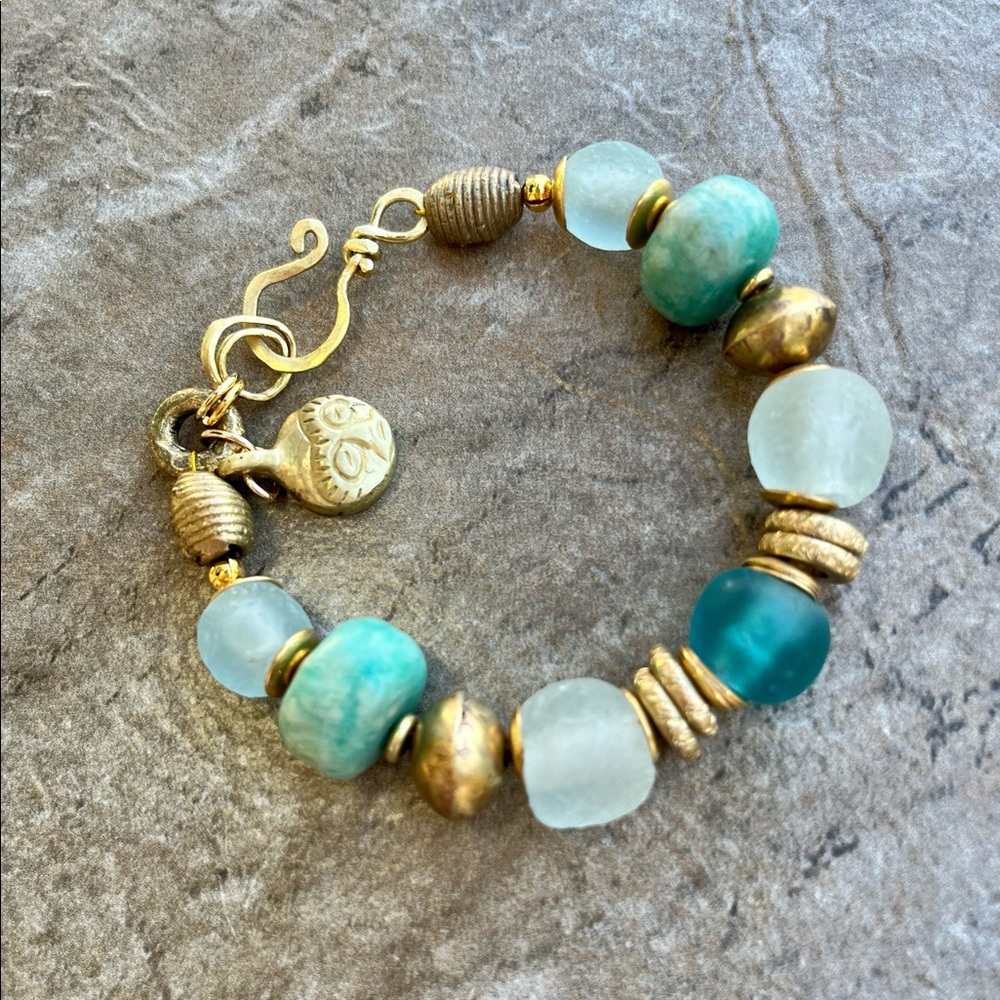 SOLD Boho Chic Bracelet Amazonite Ghana Recycled Glass African Tribal Brass